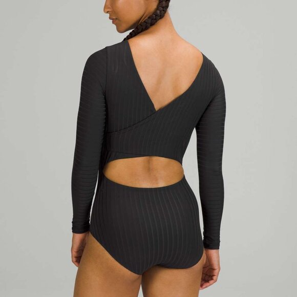 Lululemon Athletica Women's Ribbed Wrap-Back Long-Sleeve One-Piece in Black - Picture 2 of 10